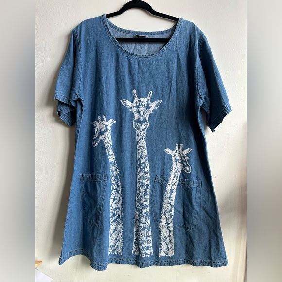 Magic Dresses & Skirts - Vintage Blue Denim Shift Dress with Handprinted Giraffes Plus Size 1x